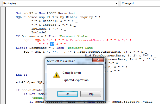 vba compile error expected